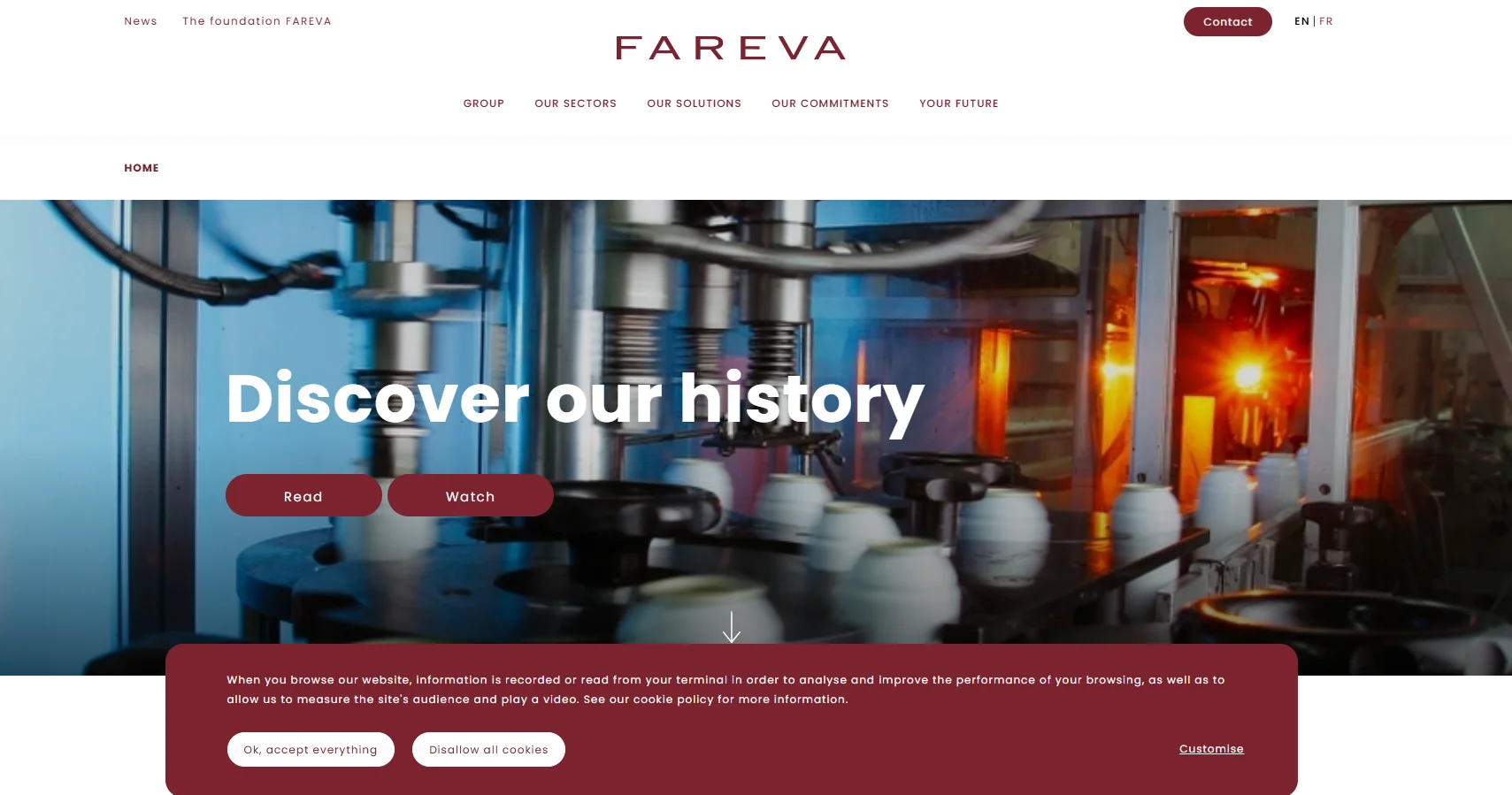 Fareva website header featuring manufacturing machinery with text 'Discover our history,' highlighting the company's background.